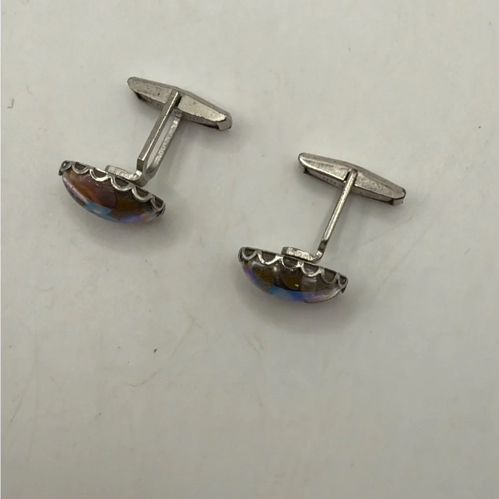 Silver Tone Mother Of Pearl Iridescent Cuff Link Accessory Jewelry Collectible